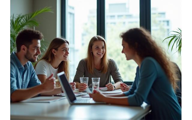 Grupo de emprendedores colaborando en un entorno moderno y dinámico
