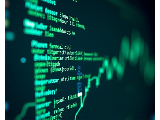 Primer plano de un código de programación en una pantalla de ordenador con elementos de interfaz de finanzas globales flotando alrededor
