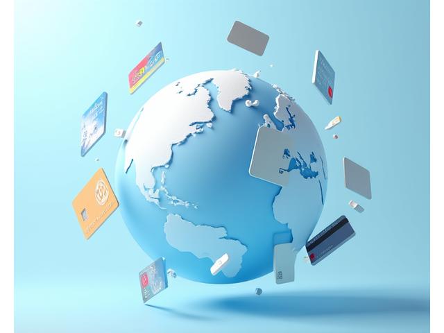 Diversas tarjetas de pago globales y logos de billeteras digitales flotando alrededor de un globo terráqueo estilizado