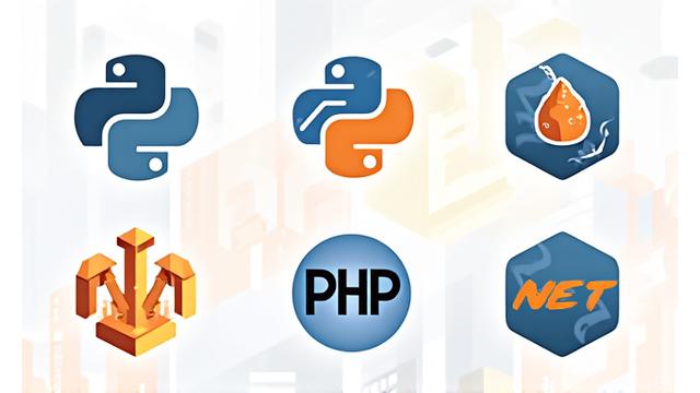 Múltiples logos de lenguajes de programación como Python, Java, Node.js