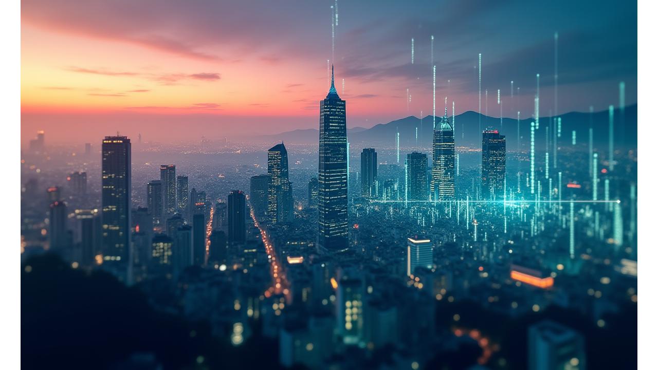 Vista futurista de Santiago al atardecer, sobre ella un gráfico financiero digital que se eleva, simbolizando innovación fintech chilena.